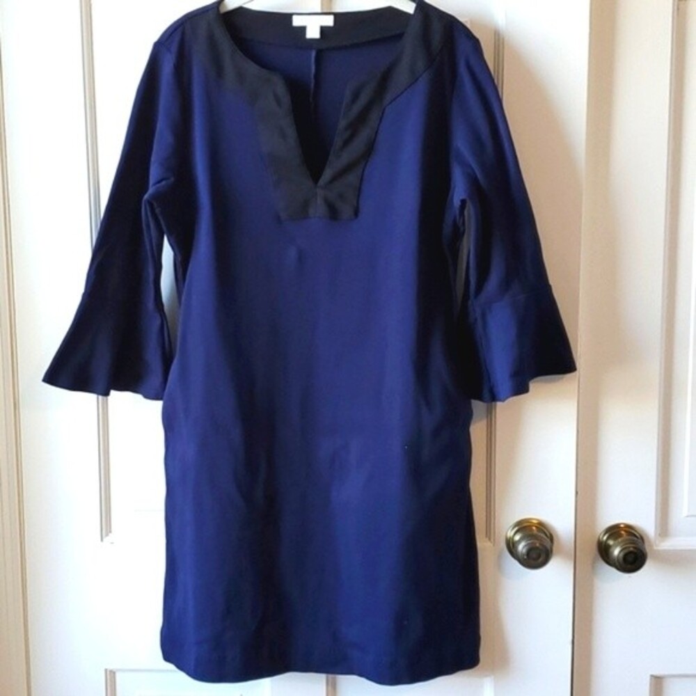 NY & COMPANY BLUE COTTON KNIT SHIFT DRESS SIZE MEDIUM POCKETS